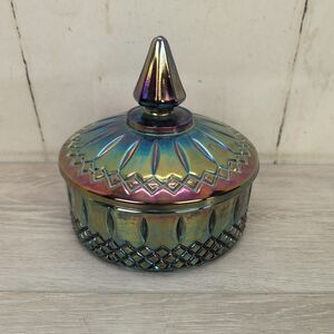 Vintage Carnival Glass Indiana Blue Iridescent Candy Dish Trinket Dish